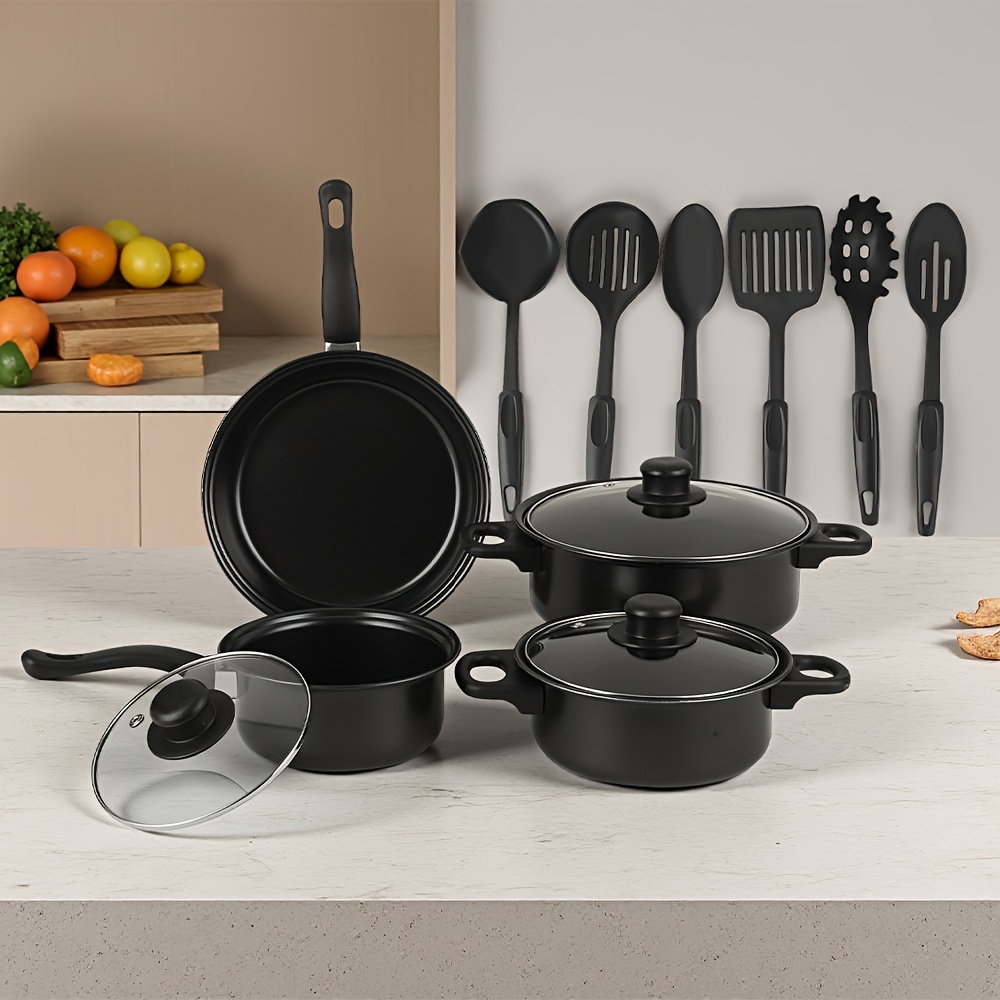 TEMU 13pcs Cookware Set, Cast Iron Pots And Pans With Glass Lids, Includes Frying Pan, Soup Pot, Milk Pot, And Utensils, Durable Lightweight Kitchen