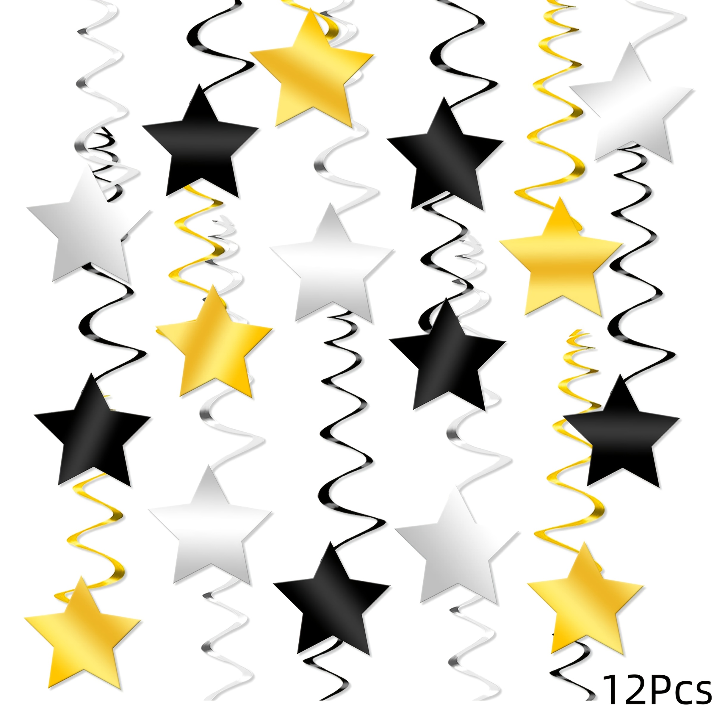 Image of 12/24/36pcs Black Star Hanging Swirls, 2026 New Year, Christmas, Birthday, Graduation Party Decorations, Ceiling Hanging Decorations For New Year's Eve Balloon Arch Backdrop