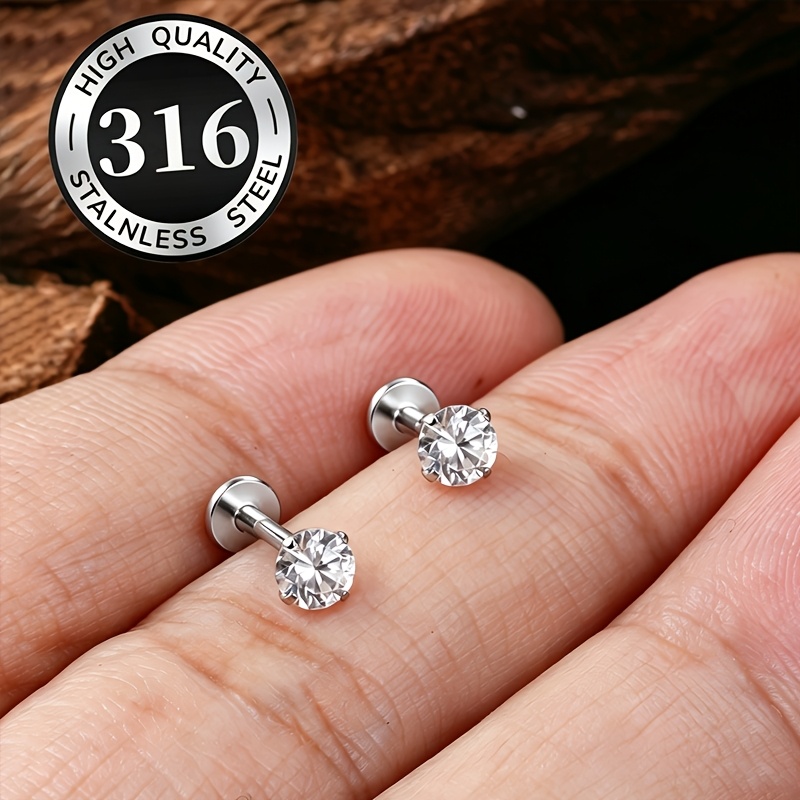 TEMU 2pcs Minimalist Internal Thread Cz Round Cartilage Stud Earrings - Steel Flat Back, Non-irritating, Lightweight And , Hypoallergenic Nose/lip