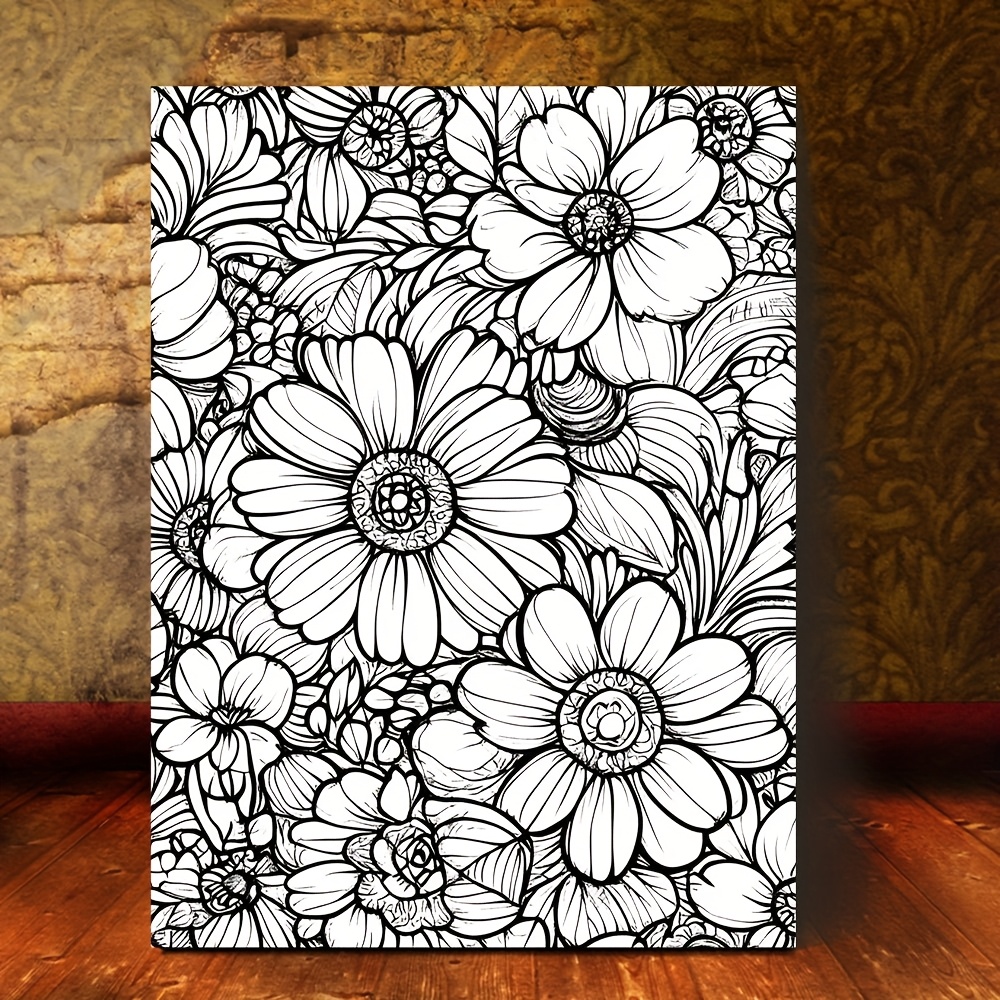 TEMU Vintage Floral Doodle Canvas Art With Wooden Frame - 8x15 Inches, Black & White Design, Perfect For Home, Living Room, Or Office Wall Decor,