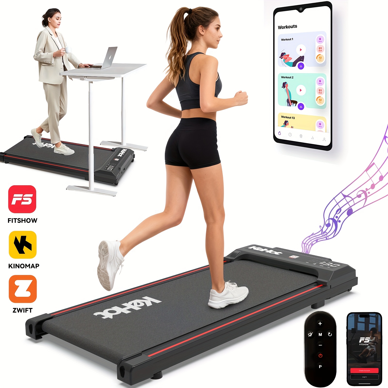 Upgraded Large-Size Home Walking Treadmill with Built-in Music & Multi-Function LED Display, 12 Preset Programs, Quiet DC Motor, 48x109cm Compact Design, Without Battery