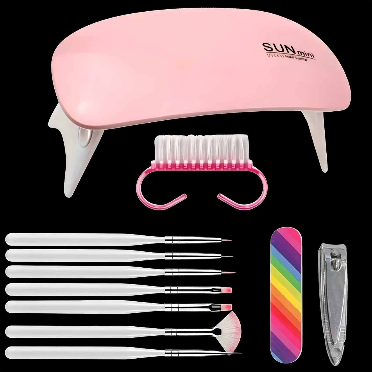 beginner s nail art tool kit: nail lamp + complete nail care and painting tool set. portable home-use   nail lamp. multi-functional nail brushes, nail files, nail clippers, cleaning brush, and gel polish curing lamp. essential for diy nail Product details 0