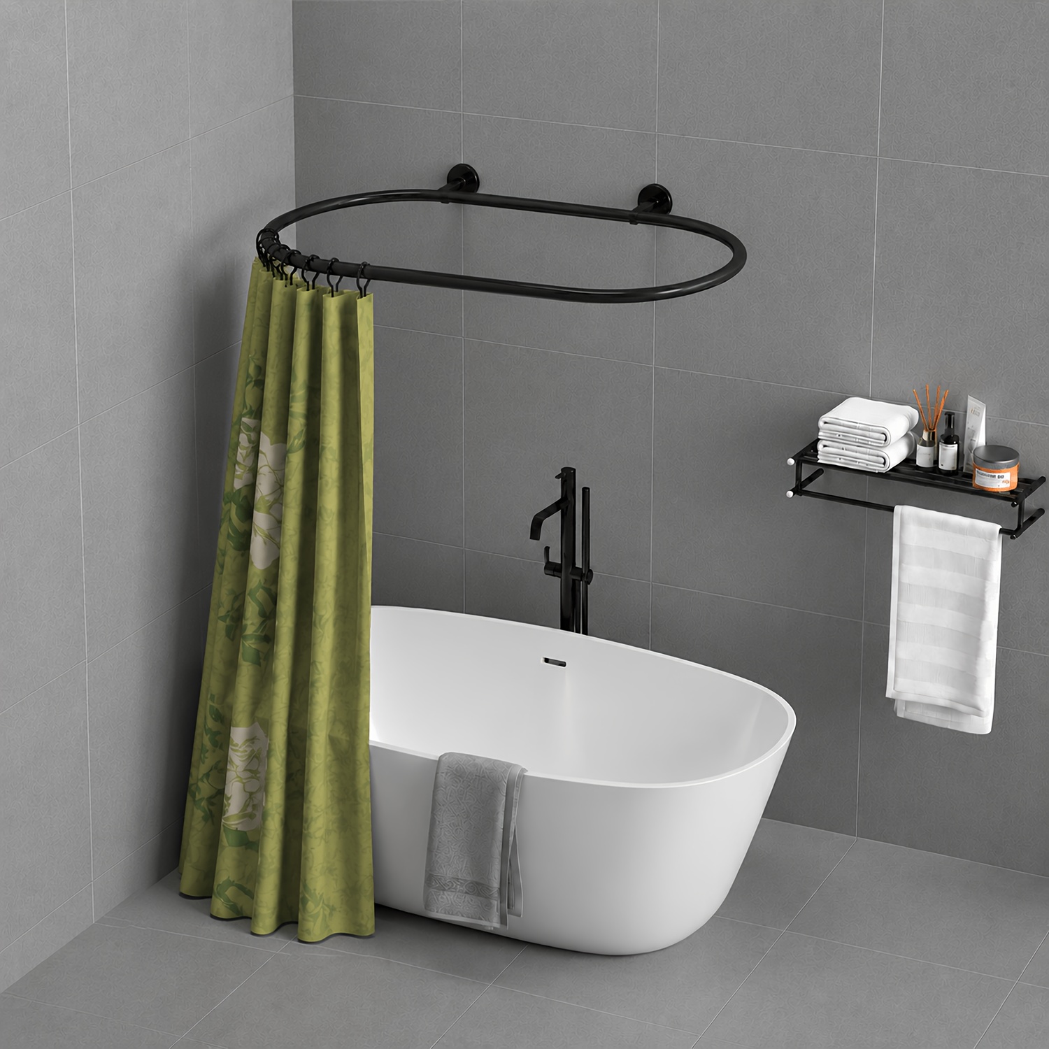 Image of [elegant Style] Aluminum Alloy Oval Shower Curtain Rod For Freestanding And Clawfoot Tubs - Wall-mounted, Rustproof, 4.3" Diameter With 12 Hooks Included, For Modern Bathrooms