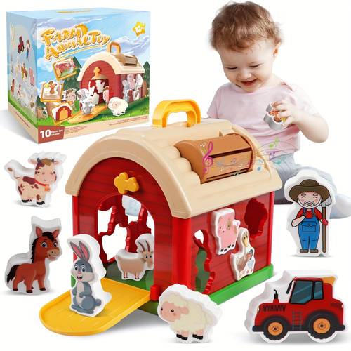 big red sorting barn toy with handle 10 pieces farm toys shape sorting stacking learning toys christmas birthday gift for boys girls halloween christmas gift
