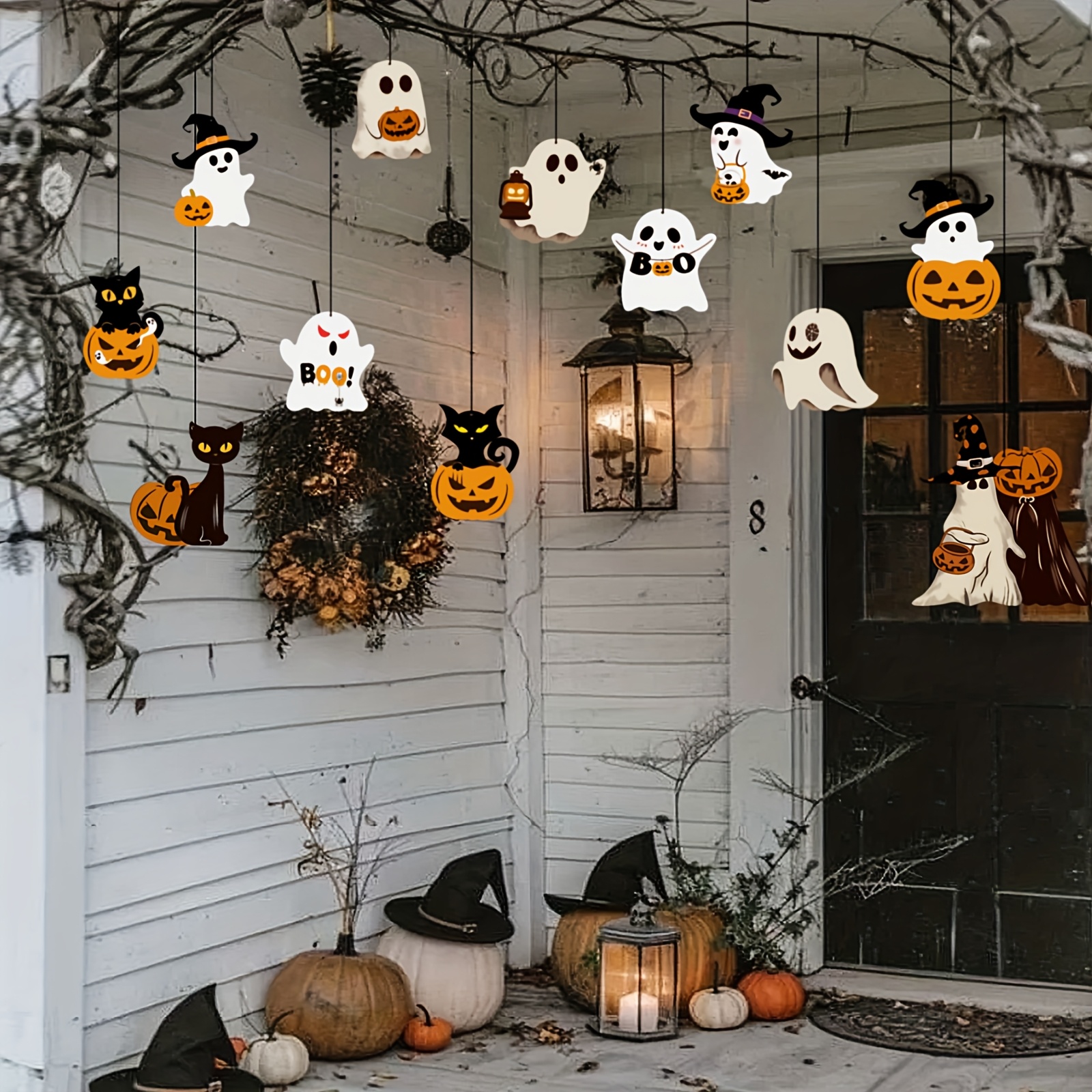 12pièces Décorations Suspendues d'Halloween - Fantômes Mignons, Citrouilles, Chauves-Souris - Pas Besoin d'Électricité, Facile à Suspendre avec des Chaînes - Décor de Fête en Papier Léger pour Intérieur/Extérieur - Décorations de Fête d'Halloween Spook - Parfait pour la Maison, la Classe, ou les Événements - Fournitures de Fête d'Halloween, Décorations d'Halloween, Accessoires d'Événement Festif, Design Joueux, Design Facile à Suspendre, Décor Intérieur/Extérieur, Matériau Durable, Décorateurs
