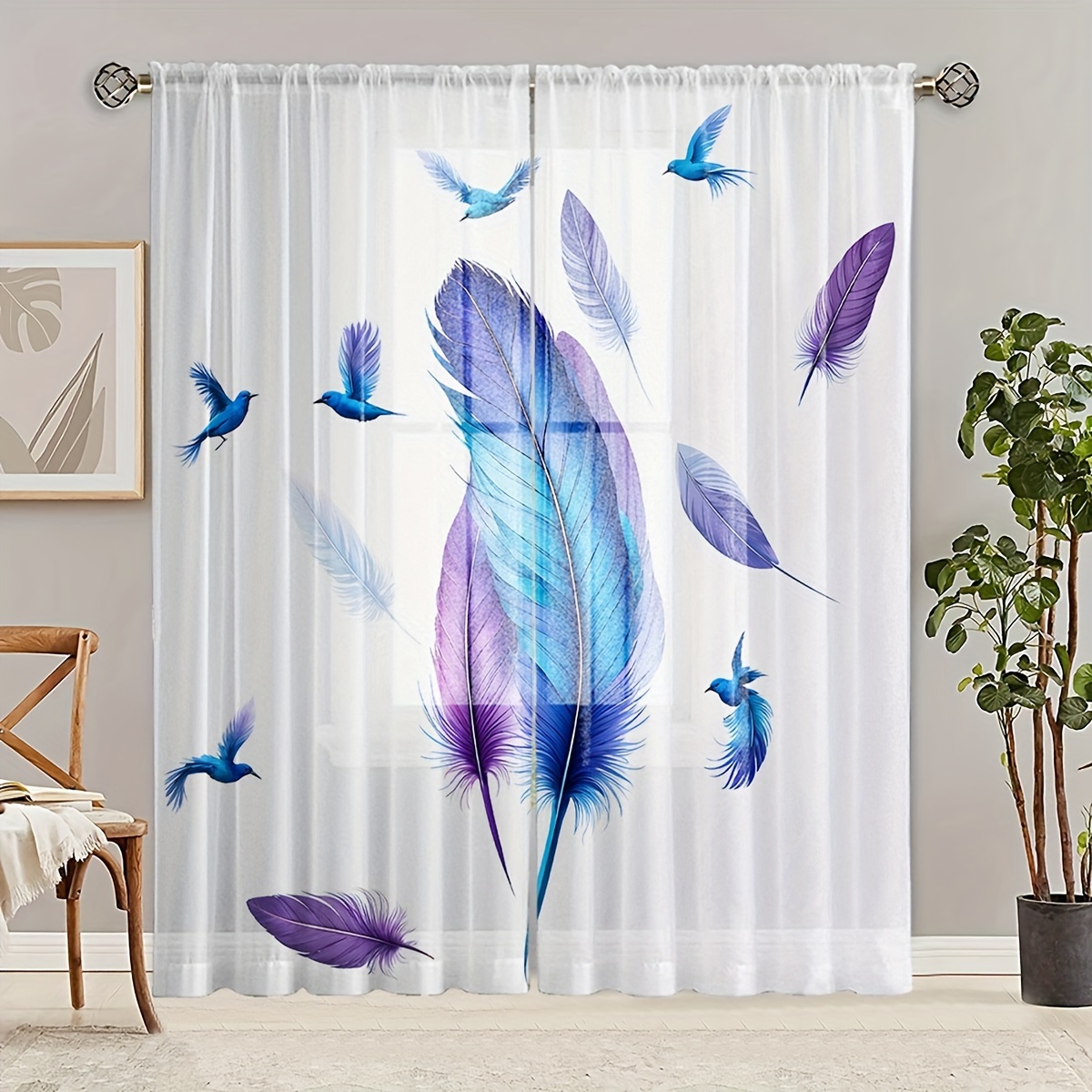 Feathers Printed Curtain / Drapes for Living Room Dining Room Bed Room with 2 Panel Set - Bird Feathers 2024 Modern Decorating Art Blue White