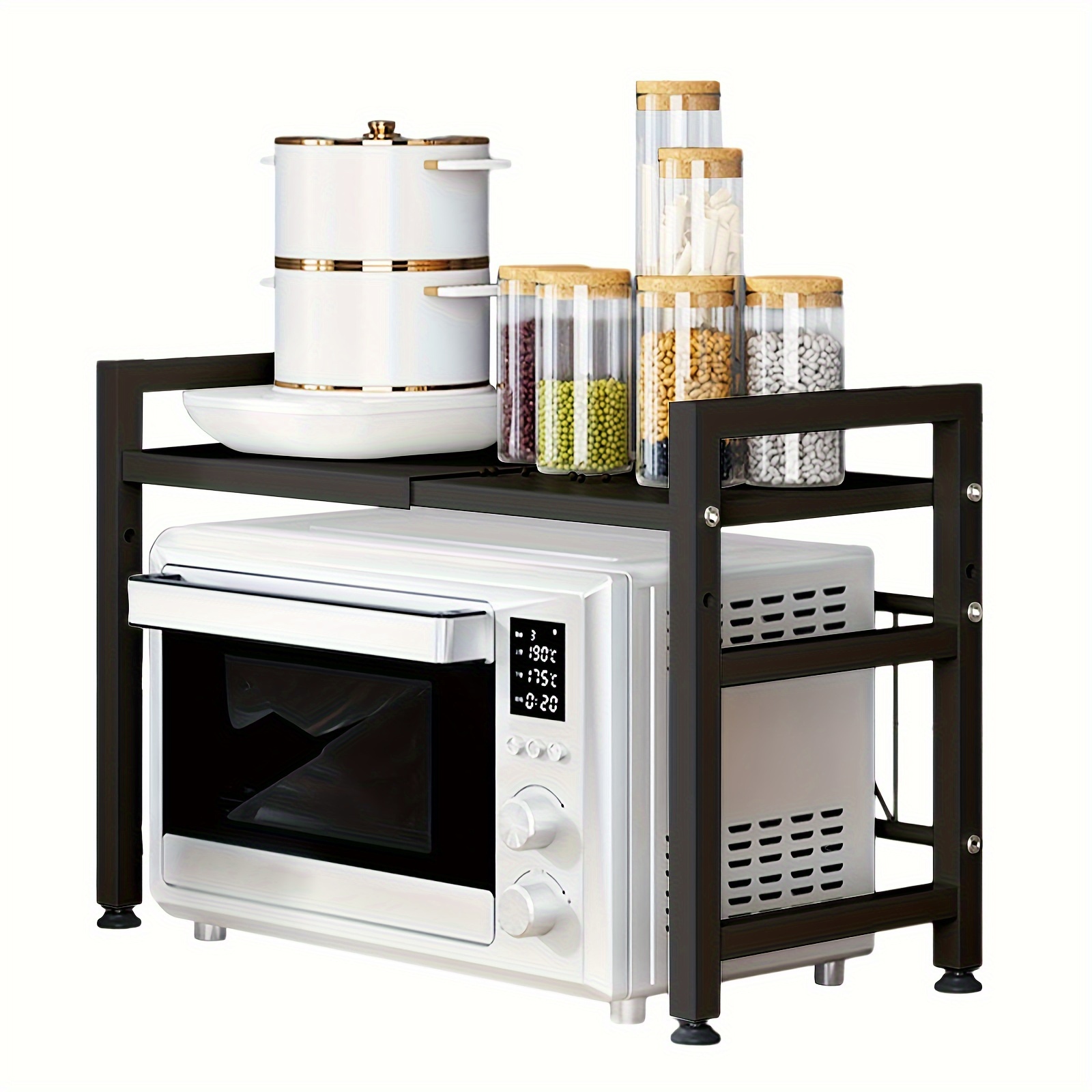 TEMU Expandable Microwave Oven Rack 2- Tier Kitchen Microwave Shelf, Height& Length Adjustable, Kitchen Storage Organizer Counter Shelf Stand