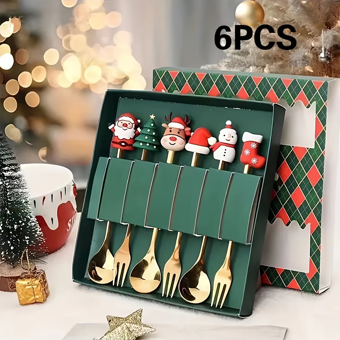 Image of 4pcs/6pcs Christmas Party Tableware Gift Stainless Steel Spoon Cutlery Set Cute Cartoon Doll Ice Spoon Christmas Gift