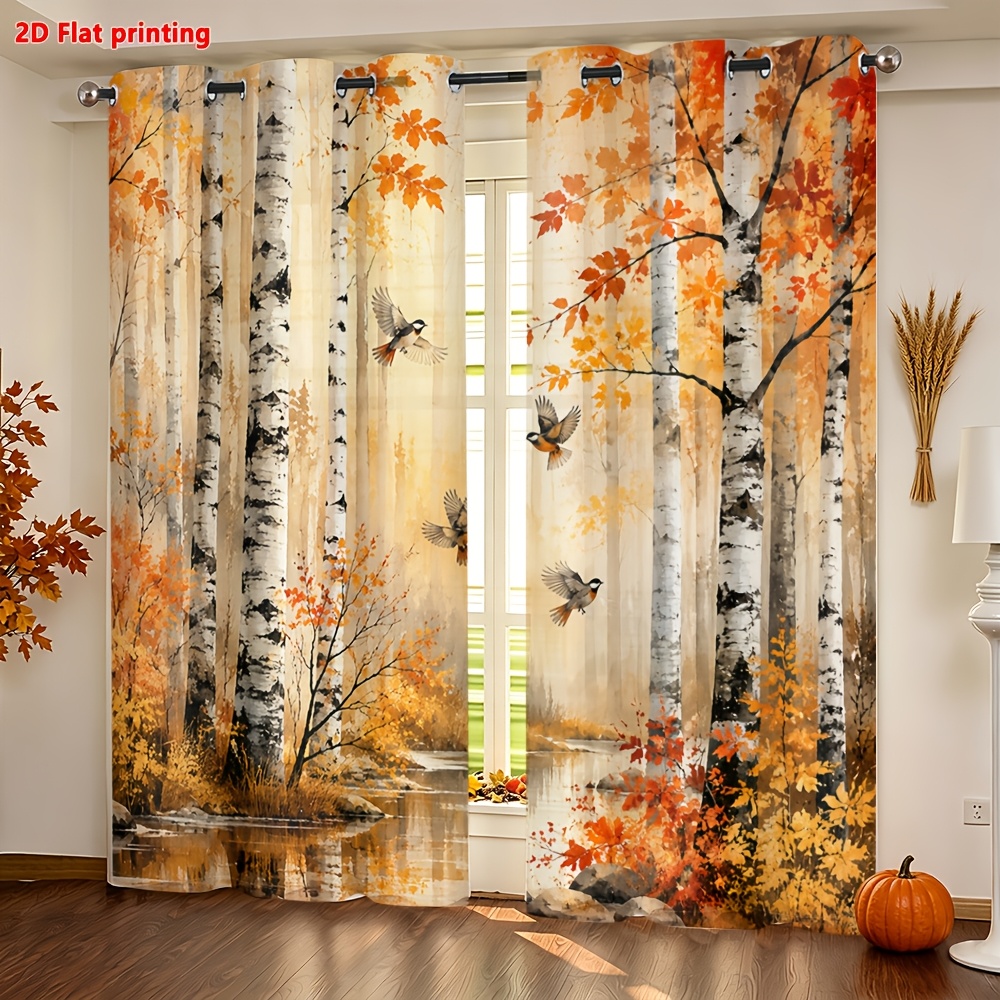 Image of 2d Flat, 2pcs Panel Curtains Suitable For Living Room Bedroom Kitchen Semi-sheer Window Drapes With Birch Tree & Bird Print, Eyelet, Light Farmhouse Blinds For Door Panel, Machine Washable, 2d Flat