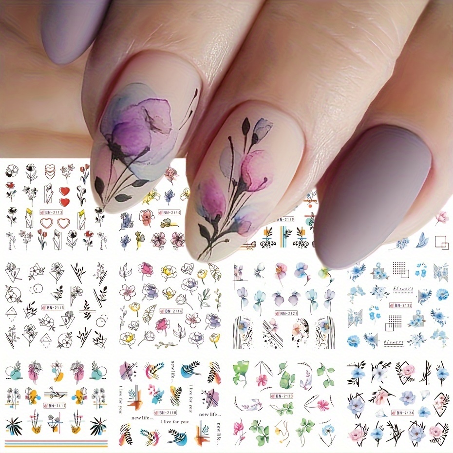 

12pcs Stickers à ongles géométriques avec fleurs et feuilles - Lignes Graffiti peintes - Décalcomanies à l'eau colorées à encre florale - Manucure