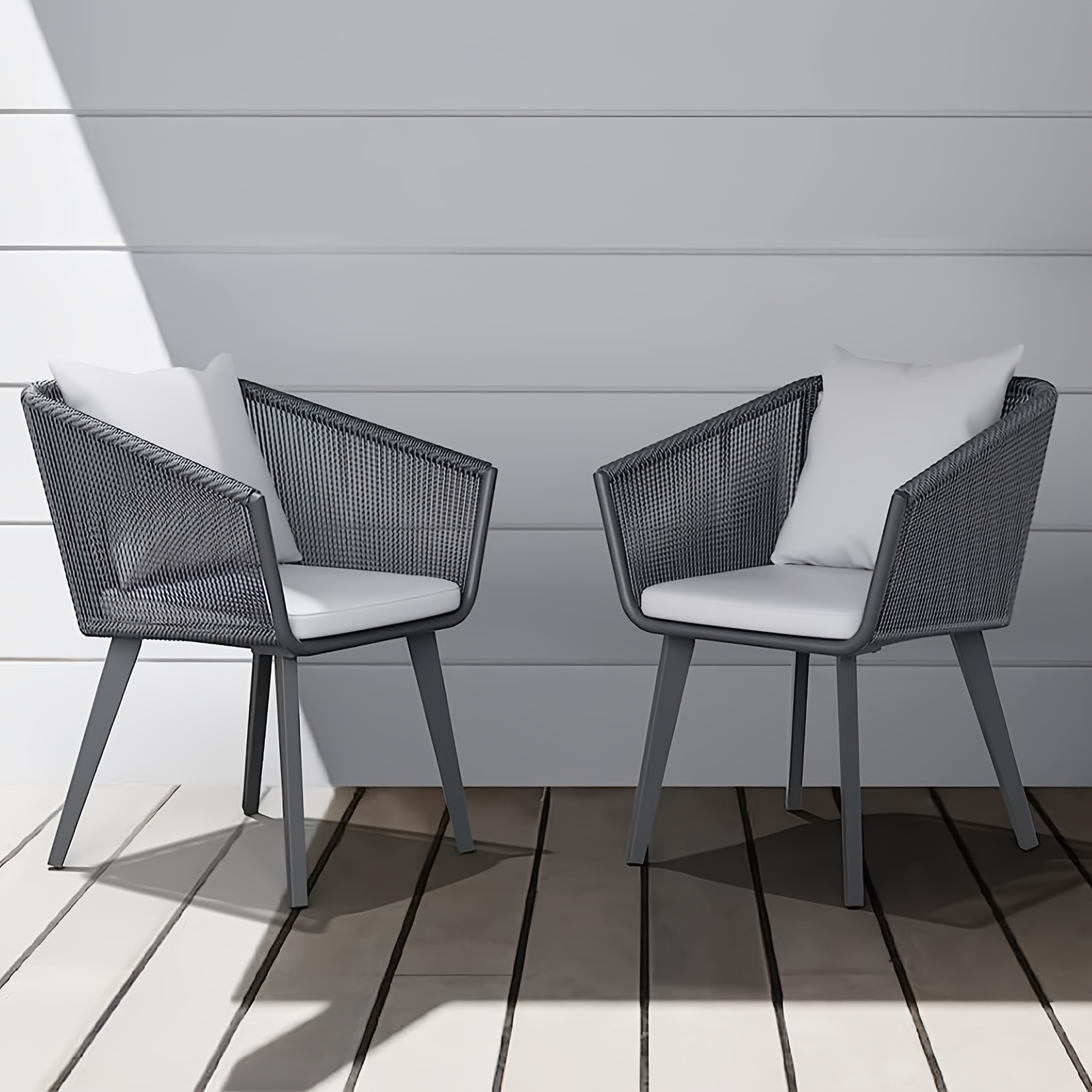 Image of Modern Outdoor Woven Chairs With Cushions - Set Of 2elevate Your Outdoor With Stylish And Comfortable Woven Dining Chairs.
