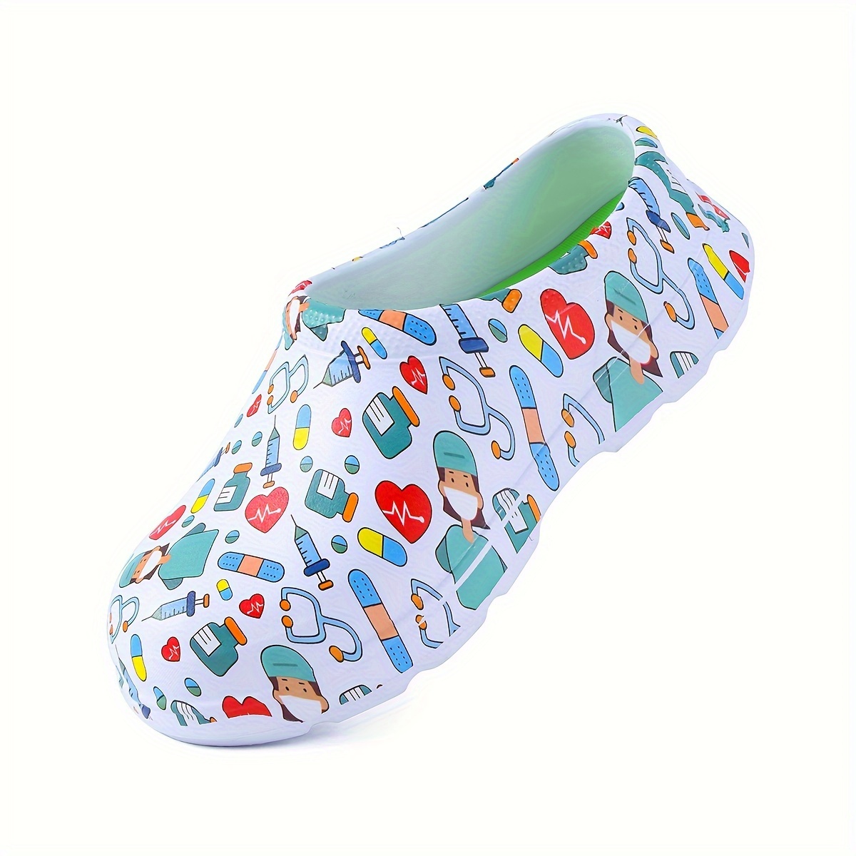 

1 Pair Of Nurse Cartoon Print Eva Work Shoes, Casual Lightweight Slip-on Clogs With Breathable Fabric Insole For Hospital - All