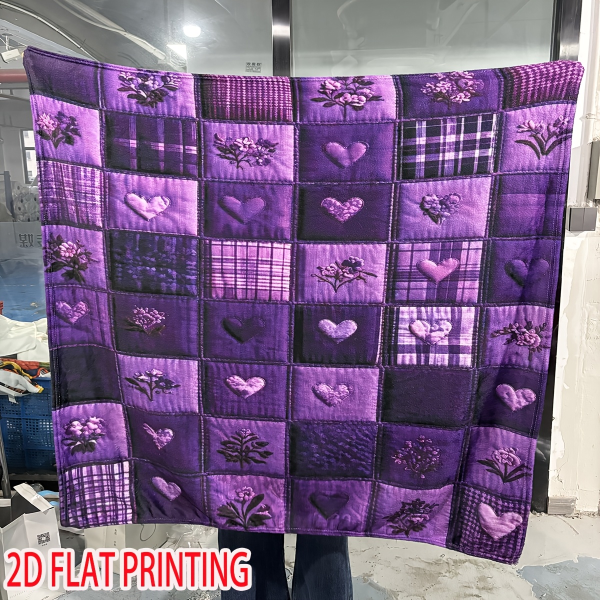 TEMU 2d Flat Printing - 1pc Purple Checkered Heart Fleece Blanket, Soft Warm Printed Blanket, Print Blanket, Soft And Skin-friendly Fabric, Soft And