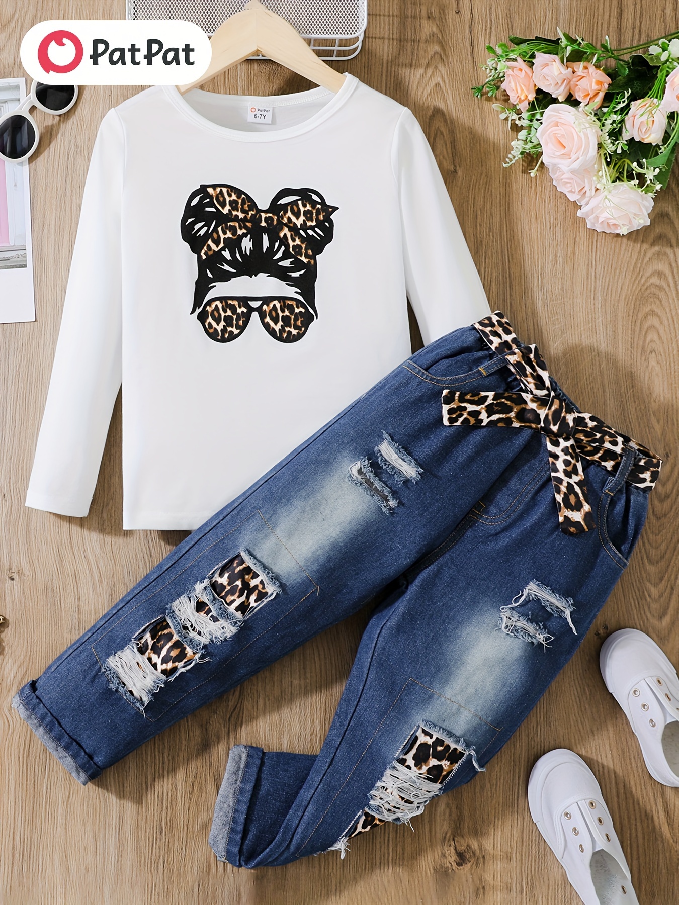 Patpat Girls Casual Trendy Cute Leopard Girl Graphic Long Sleeve T-Shirt, Blouses, Tee & Ripped Leopard Faded Denim Jeans Set for Summer Holiday Party