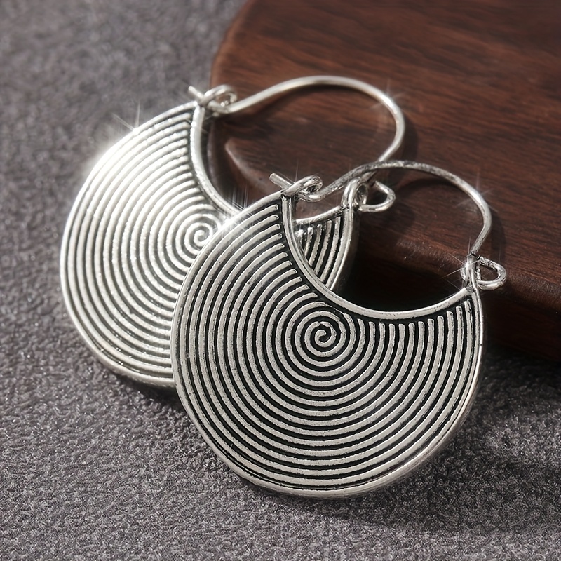 Silvery Boho Ethnic Hoop Earrings, Handmade Spiral Oxidized Dark Disc Gypsy Tribal Moon Statement Celestial Earrings, Gift For Her