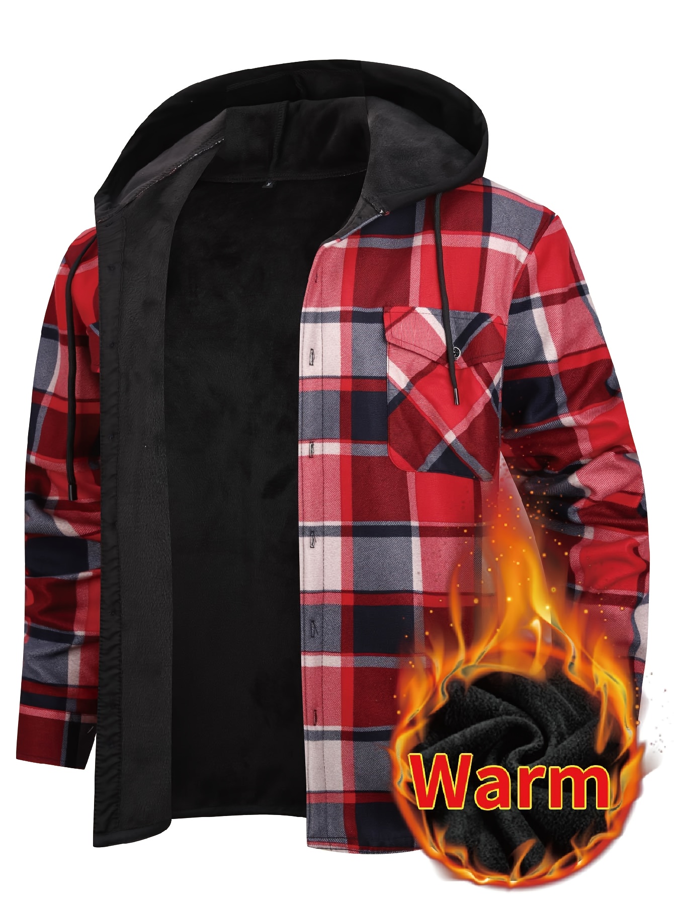 Thermisch werkschort met capuchon voor heren - Heavy-duty fleece gevoerde winterjas met ruitpatroon, volledige ritssluiting aan de voorkant, lange mouwen