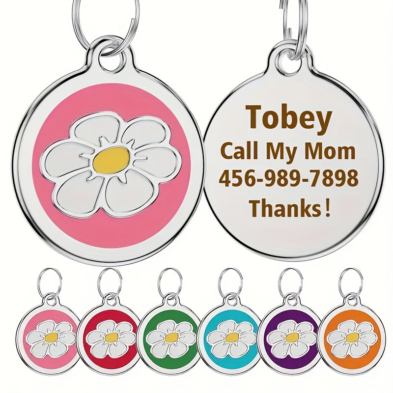 1pc Personalized Engraved Dog ID Tag • Round Cute Flower Pet ID Tag for Dogs and Cats • With Name & Phone Number • Perfect Gift for Small to Medium-Sized Puppies