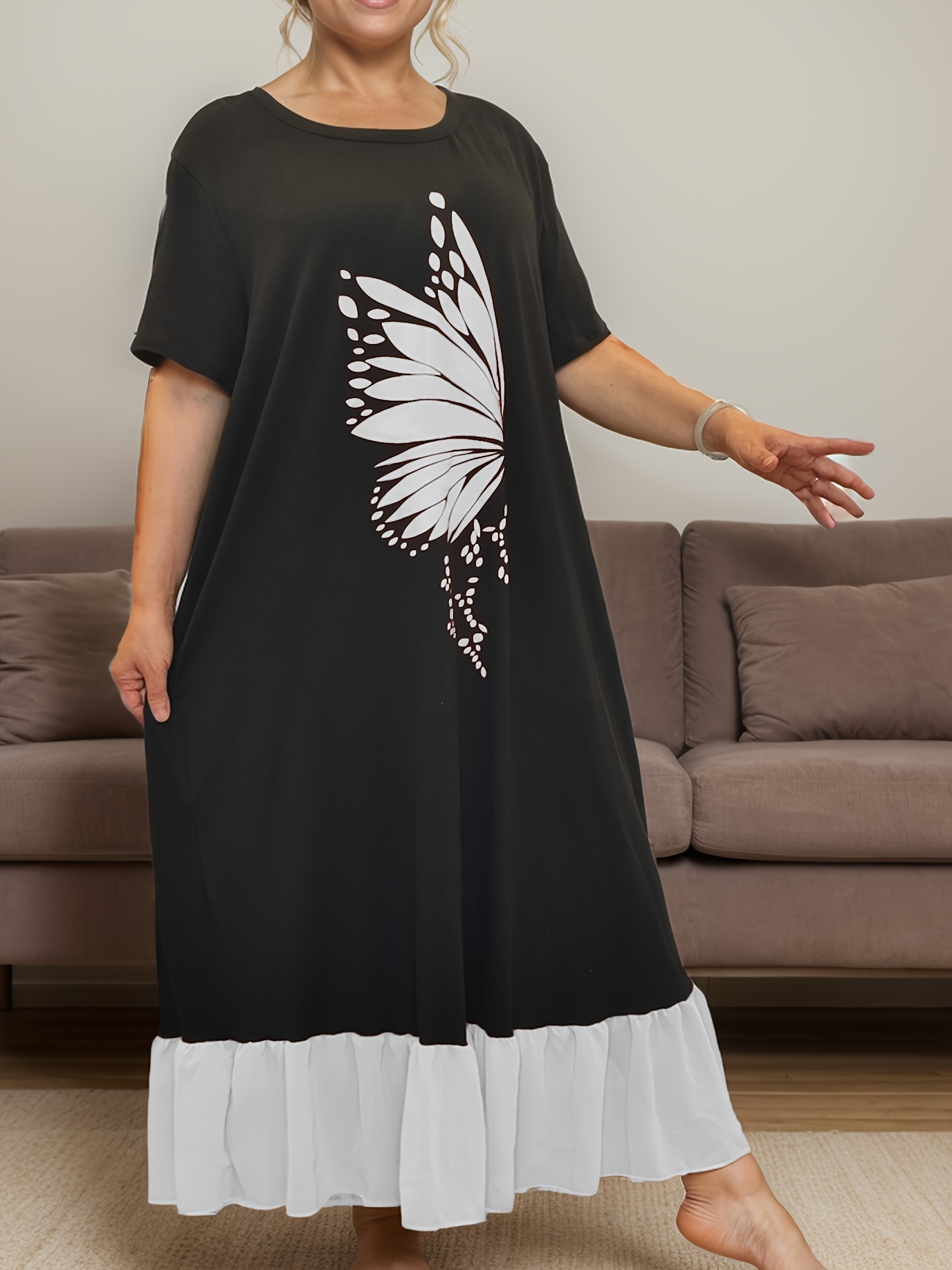 Cozy Plus Size Women's Sleep Dress - Vintage Butterfly Print, Short Sleeve & Long Skirt Lounge Robe, Machine Washable, Autumn Winter, Home Wear