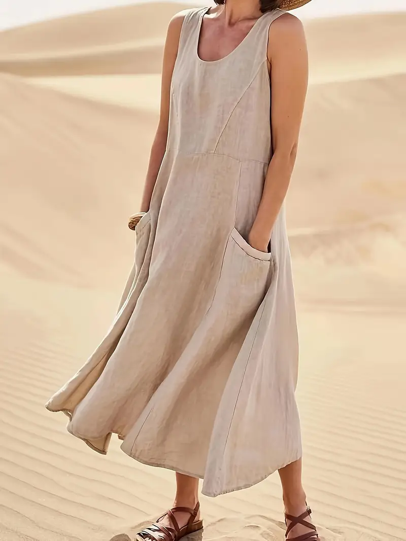 womens casual sleeveless cotton linen a line dress with pockets length round neck loose fit machine washable for spring summer fall summer fashion natural fabric details 14