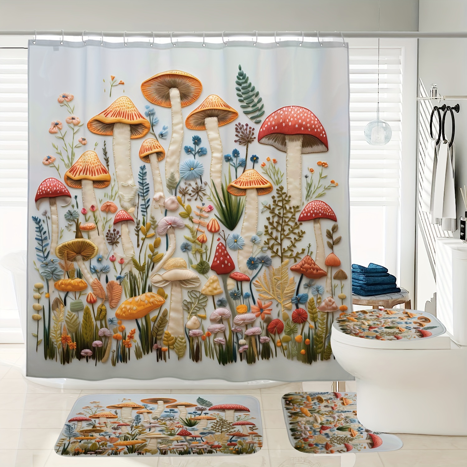 

1/3/4pcs Floral Mushroom Pattern Digital Printing Waterproof Shower Curtain And Carpet Bathroom Decoration Shower Curtain And Carpet And Toilet Seat Cover