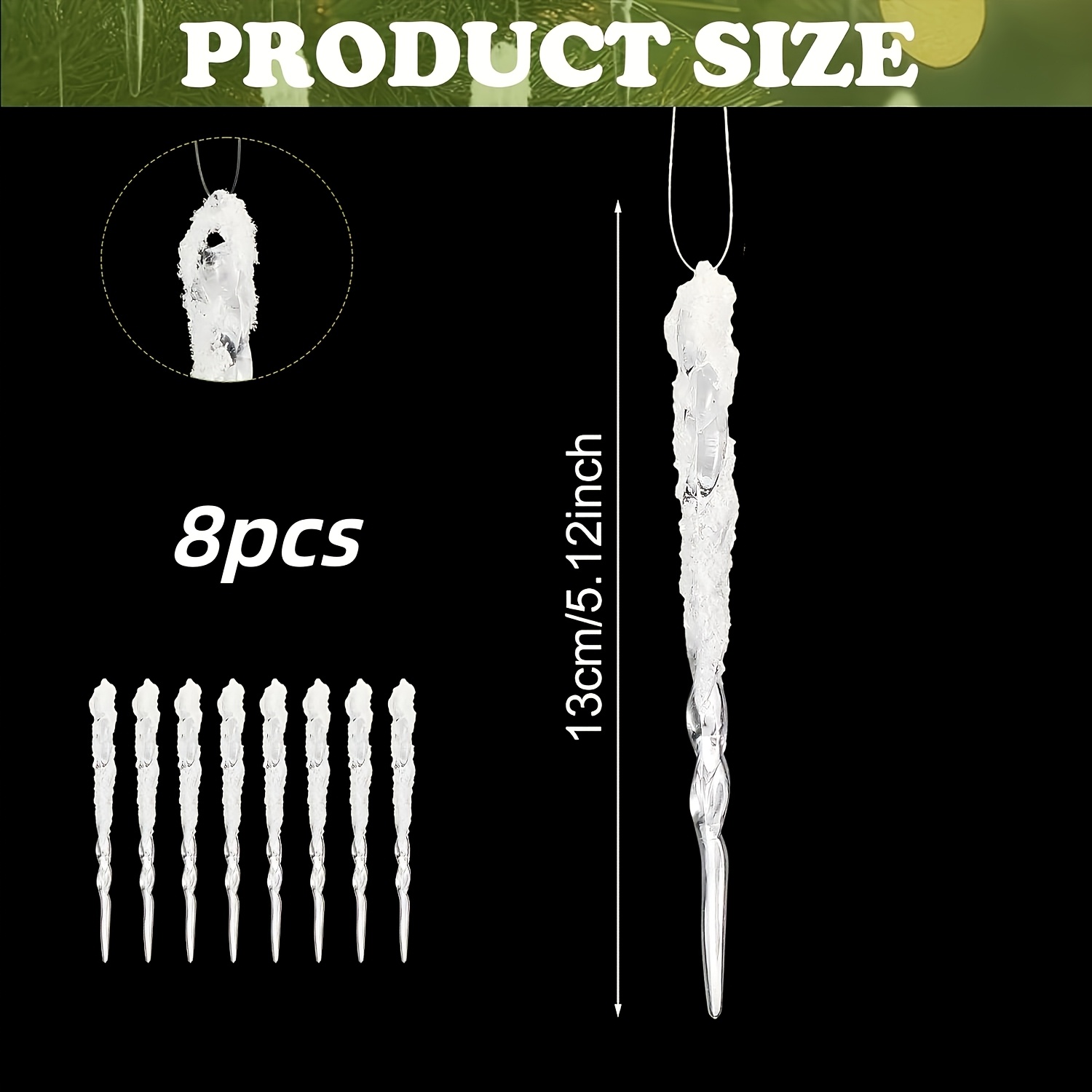 TEMU 2d Flat, 8pcs Transparent Icicle Christmas Tree Ornaments, 5 Inches, Clear With Artificial Snowflakes, Suitable For Christmas Tree Decorations,