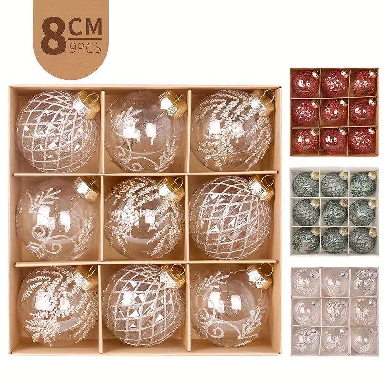 

9pcs Luxe Christmas Ornament Set - Hand- Holiday Balls Theme, Tree Decoration & Gift Box