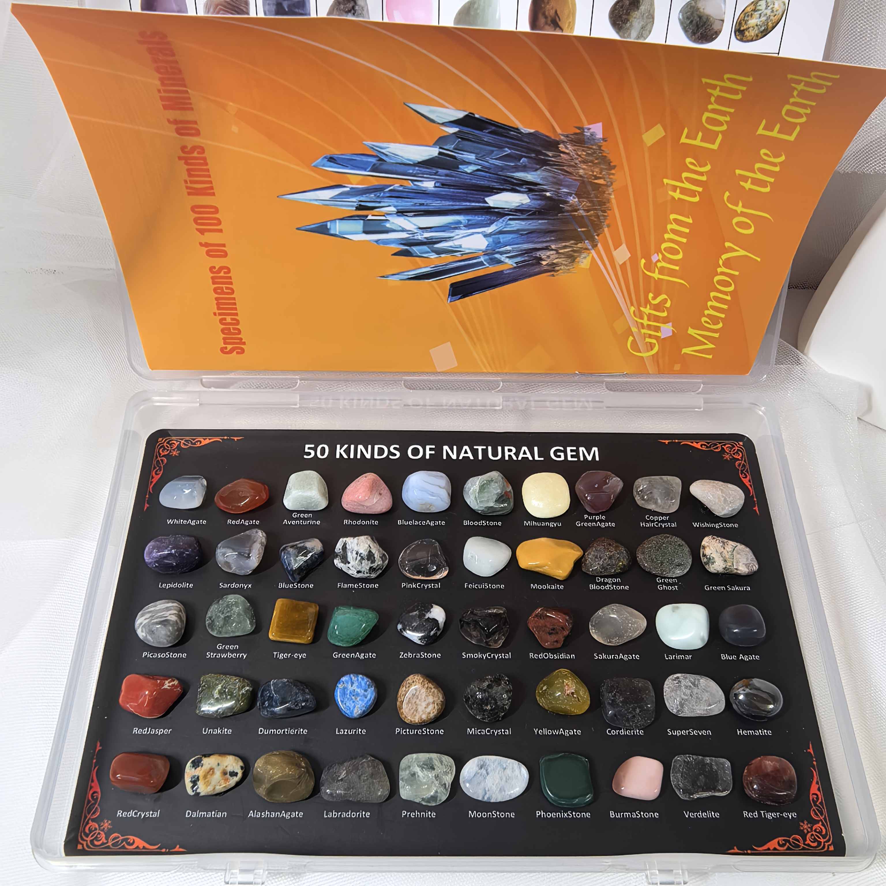 TEMU 50pcs Natural Mineral Specimen Box With 100-page Mineral Booklet, Featuring Rose Quartz, Eye, Prehnite, And Labradorite Mineral Ornaments,