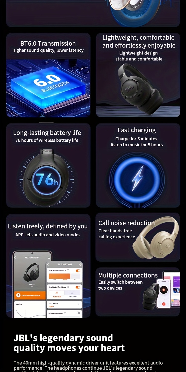 JBL TUNE 730BT Wireless Over-Ear Headphones Designed for Sports, Featuring a Remarkable 76-Hour Battery Life, Noise Cancellation for Calls, Dual Microphones, And Suitable for Gaming And Computer Use, New Model for 2025