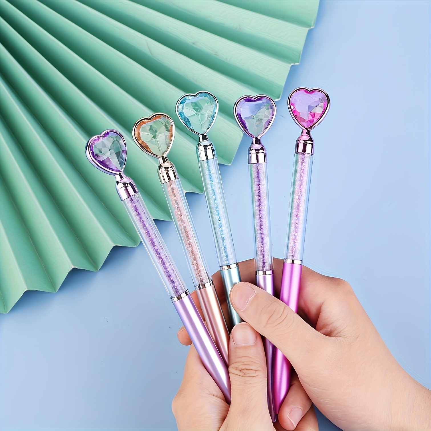 

10-piece Sparkling Diamond Heart Ballpoint Pens - Colorful Crystal Quicksand Design With Faux Metal Barrel, Medium Point