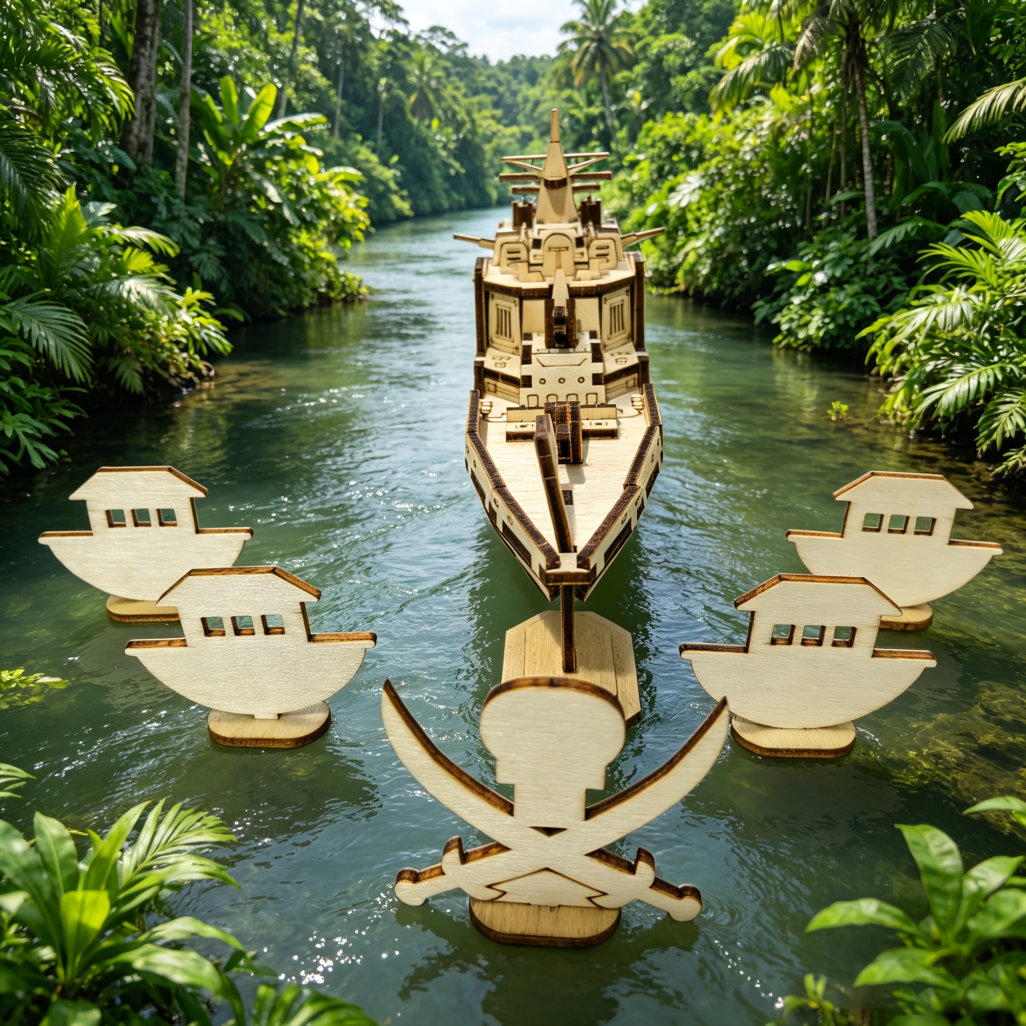3D Wooden Ship Puzzle Assembly Set, Featuring Boat and Pirate Skull Figurines