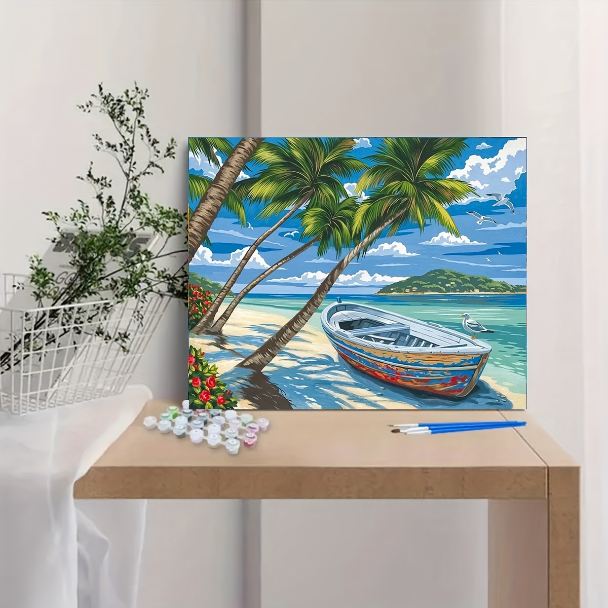 

Kit de peinture sur toile par numéros pour adultes – Paysage de bord de mer tropical avec bateau et palmiers – Projet artistique relaxant pour la décoration de la maison