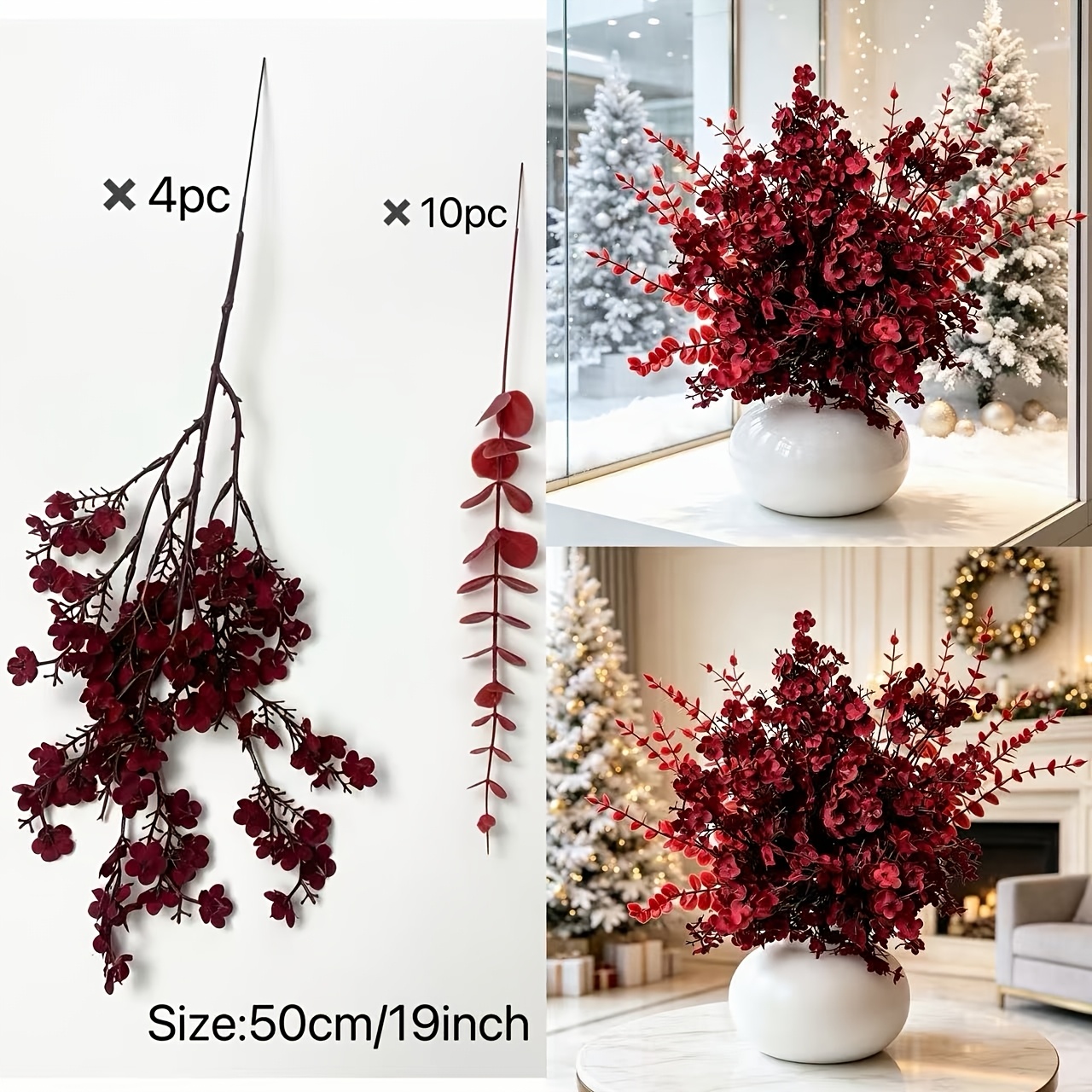 TEMU 14-delige set kunstmatige eucalyptus takken en bordeauxrode kersenbloesems, geschikt voor Kerstmis, Pasen, Thanksgiving, Dag van de Doden,