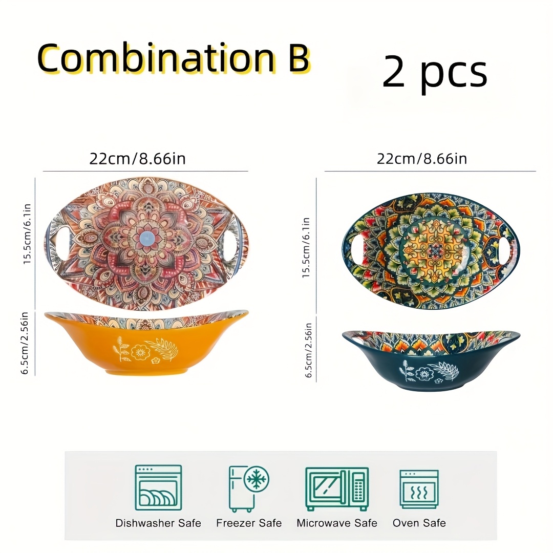 Image of Set Of 2 Ceramic Salad Bowls, Novelty Oval Serving Plates With Handles In Bohemian Style, Microwave--shaped Bowls, Stackable Food Bowls For Fruits, Soups, , Pasta, And Cereals, Suitable As Gifts For
