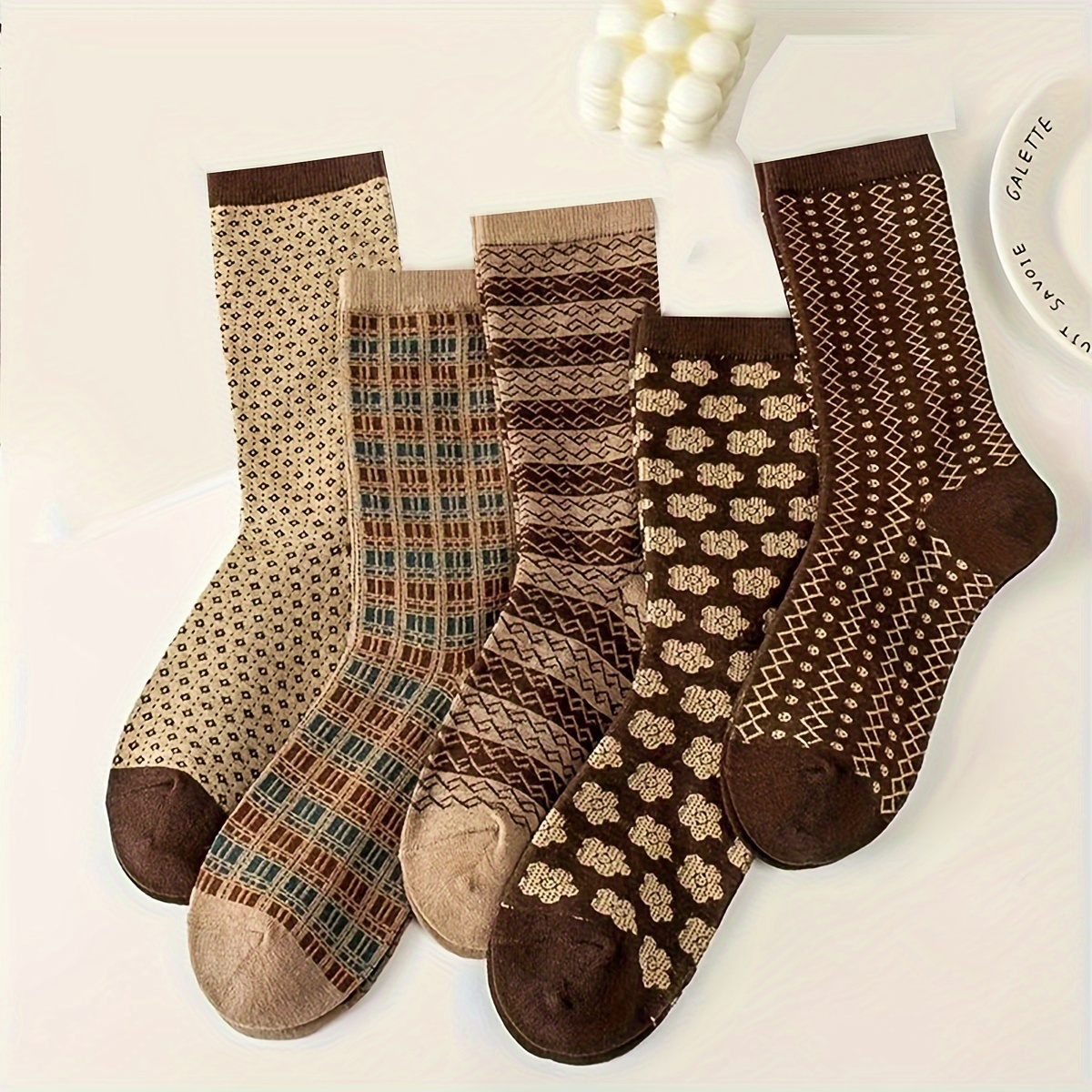 TEMU 5 Pairs Argyle Print Socks, Retro & Warm Mid Tube Socks, Women's Stockings & Hosiery