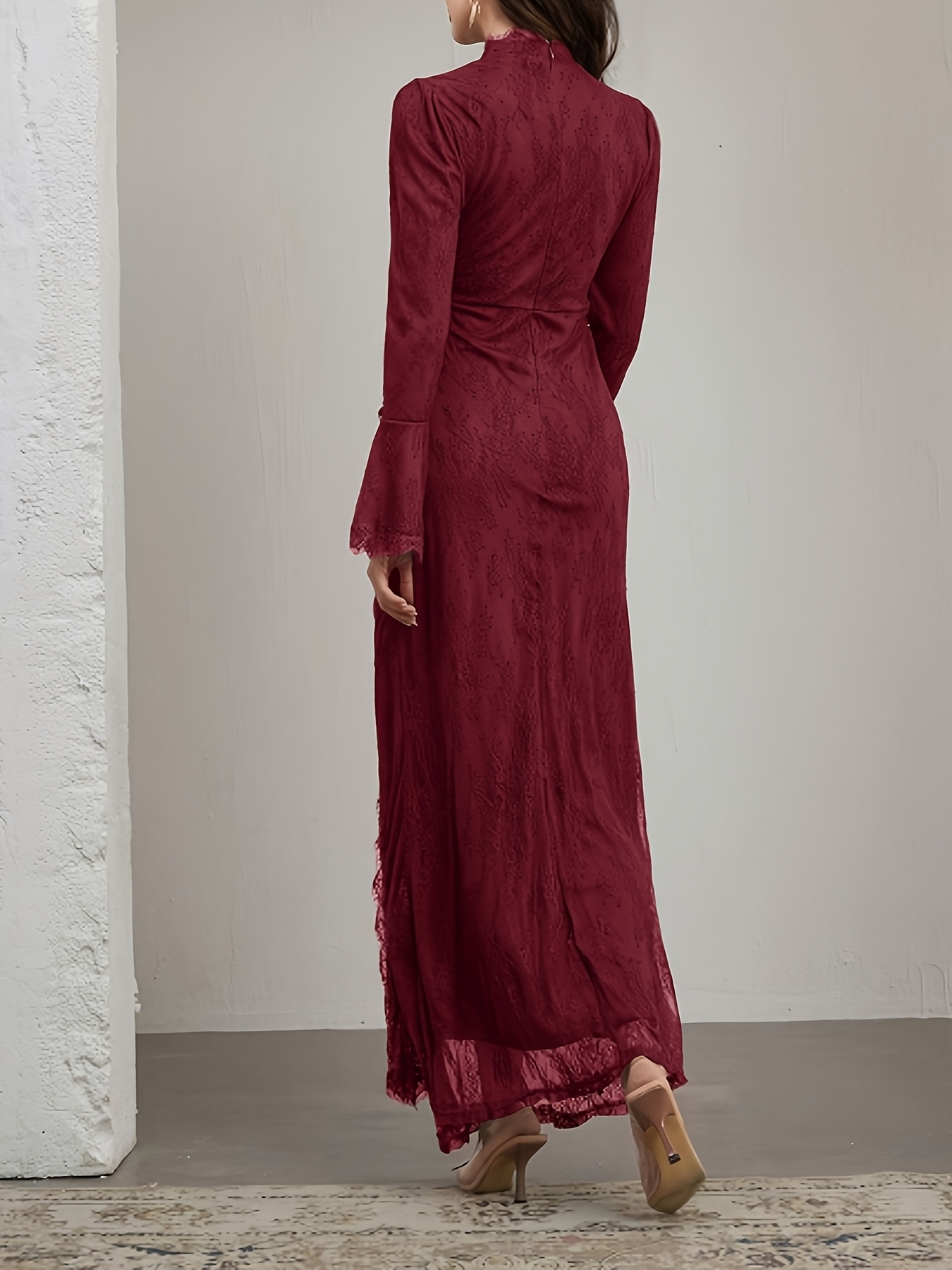 elegant long sleeve lace dress with ruffle neckline and belted waist stand collar long length suitable for     Product details 6