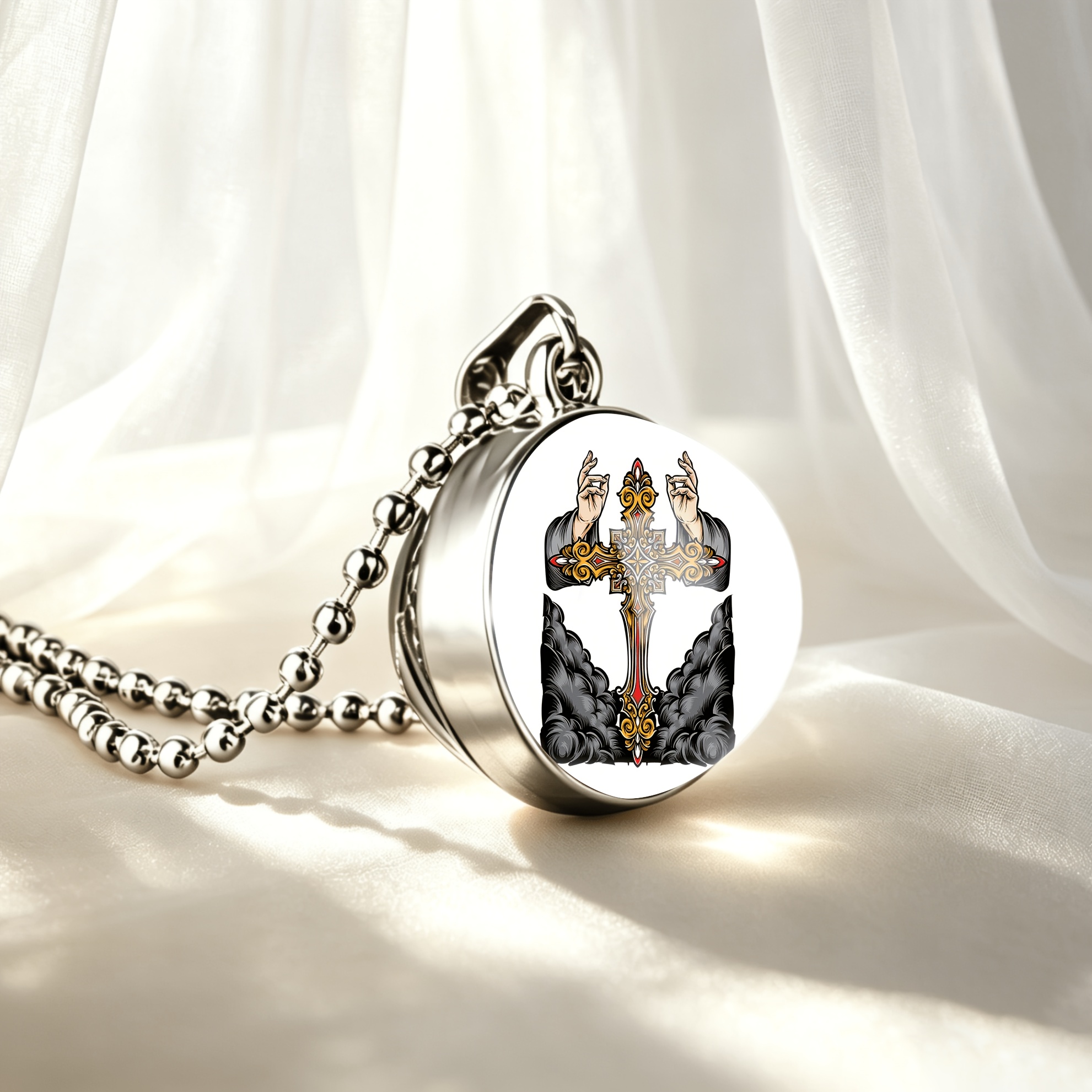 Double-sided Spherical White Pendant Necklace with Ornate Golden Cross