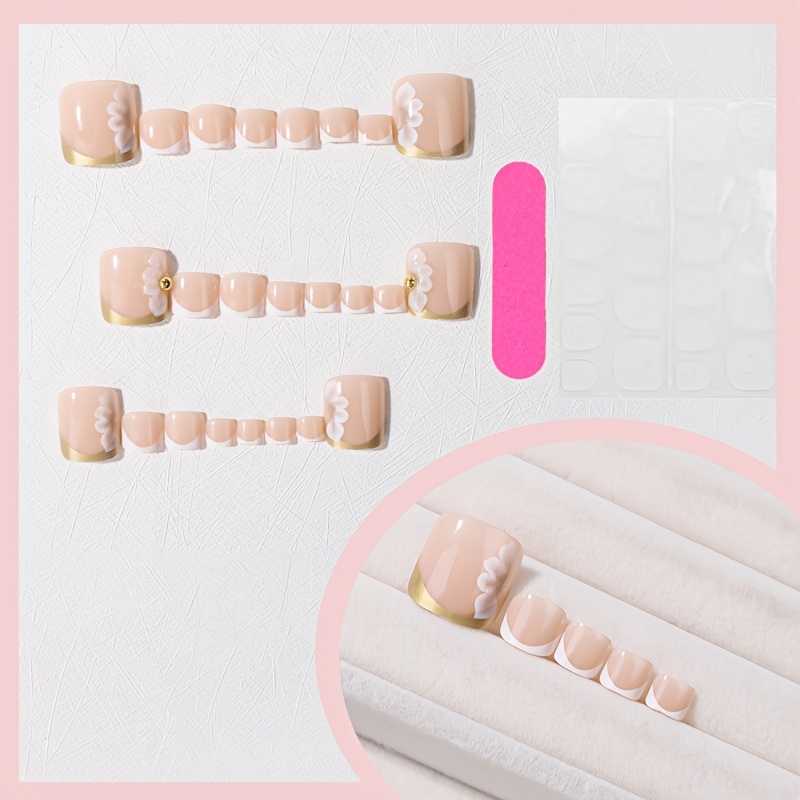 TEMU 24pcs French Gold-rimmed Daisy Toenail Wraps, Fresh Gentle Fake Toenails With 1pc Jelly Glue And 1pc Buffer, Very Sturdy, Enhancing Your
