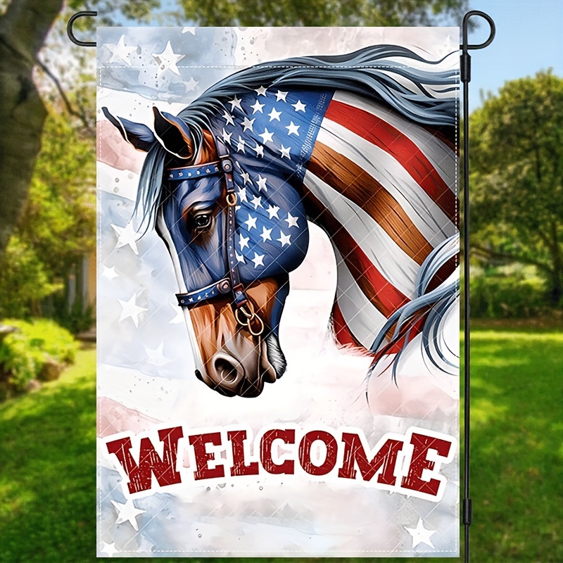 

1pc, Horse Welcome Garden Flag, Usa Patriotic Theme Farmhouse Flag, Porch Sign, Independence Day Front Door Sign, Vertical Lawn Flag, Double Sided Waterproof Flag 12x18inch