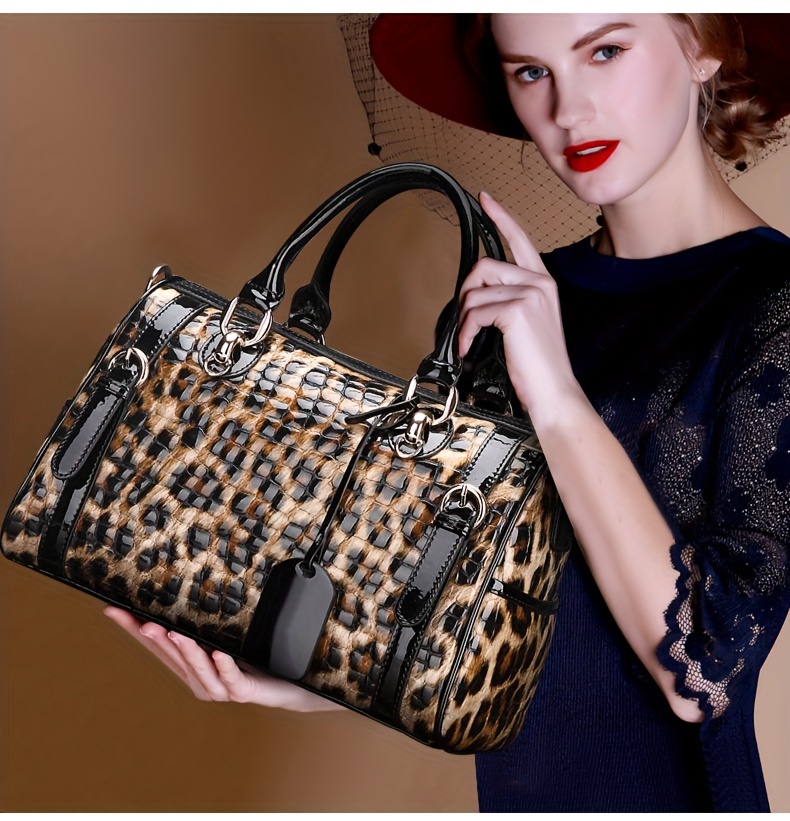 luxury genuine faux leather womens handbag spacious stylish with adjustable strap animal print design zip closure details 5