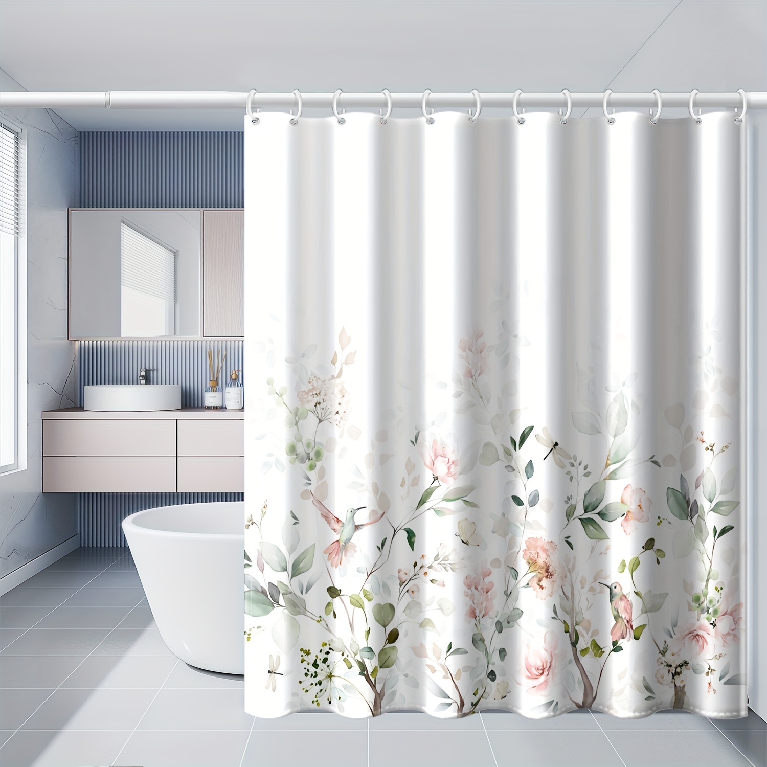 

1pc Graceful Floral & Bird Print Shower Curtain, Polyester Waterproof With 12 Hooks, All-season Bathroom Decor Accessories, 180cm X 180cm