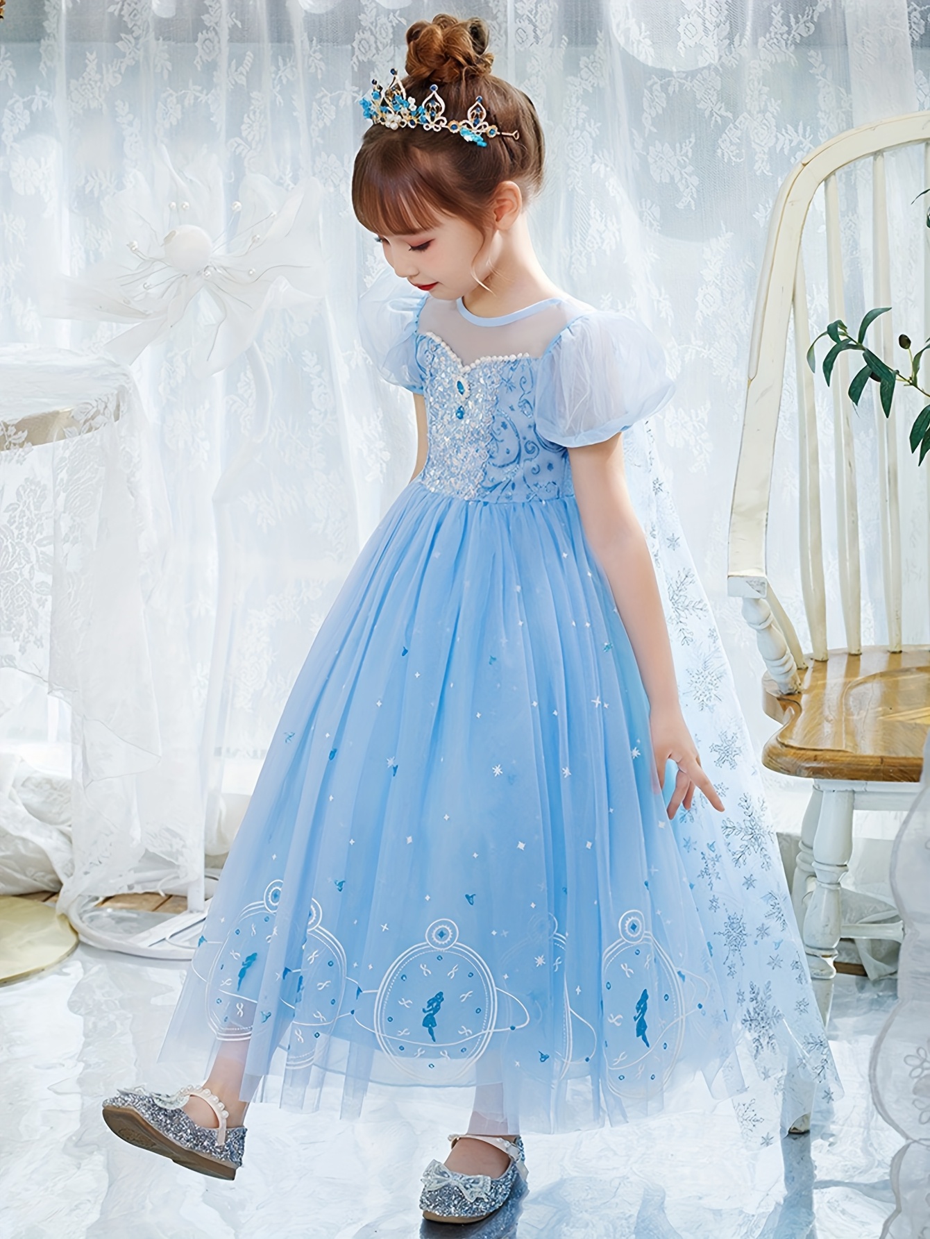 princess polly baby blue dress Girls' Dresses Kids Summer New Skirt Long Sleeved Ruffled Skirt High Waist Dress  Baby Girl Dress Light Blue 6 Years-7 Years main image 1