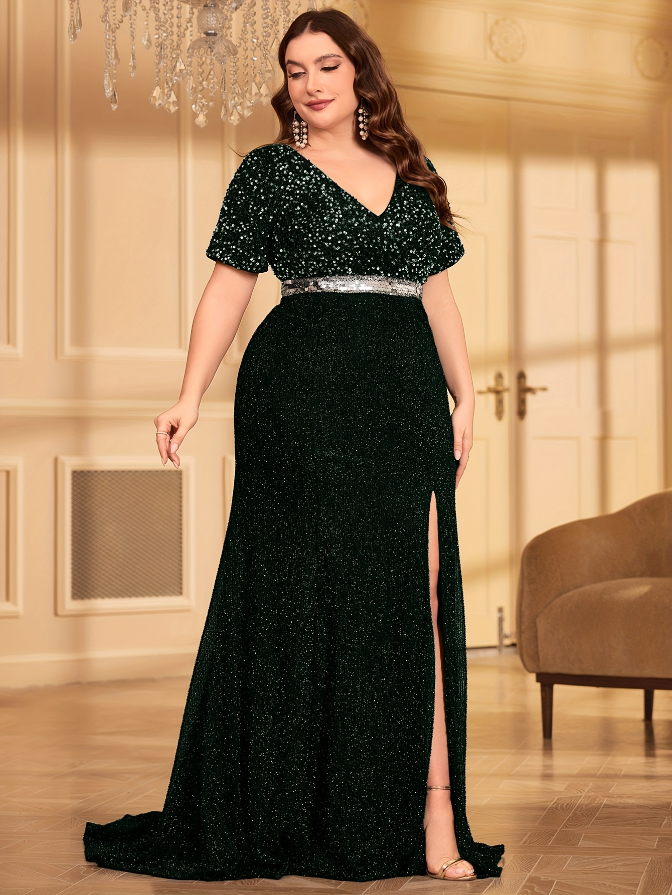 chinese dress ladies Black Plus-Size Long Sleeve Sequin Maxi Dress
