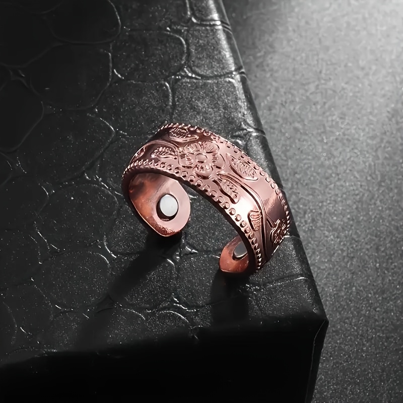 Vintage Adjustable Copper Ring with Engraved Floral Design