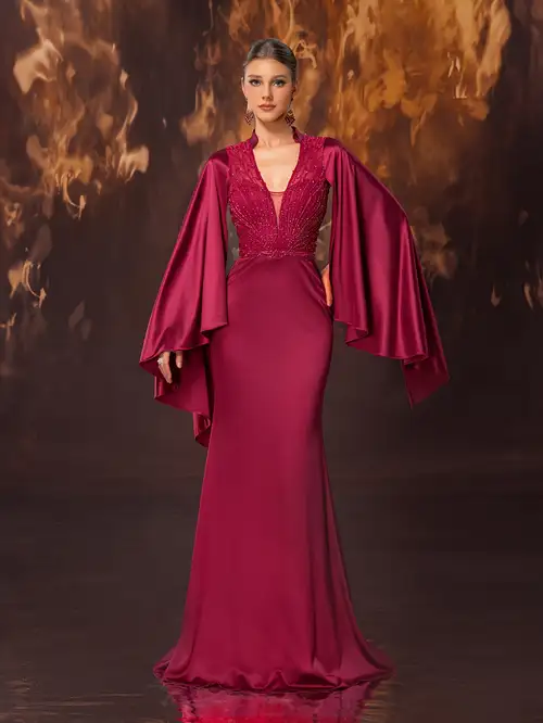 Women'S Luxurious Satin Beaded Deep V-Neck Ruffle Sleeve Mermaid Evening Gown | Elegant Long Sleeve Formal Prom Dress * Wedding Guest, Graduation, Dinner. Women'S Luxurious Satin Beaded Deep V-Neck Ruffle Sleeve Mermaid Evening Gown | Elegant Long Sleeve Formal Prom Dress * Wedding Guest, Graduation, Dinner.