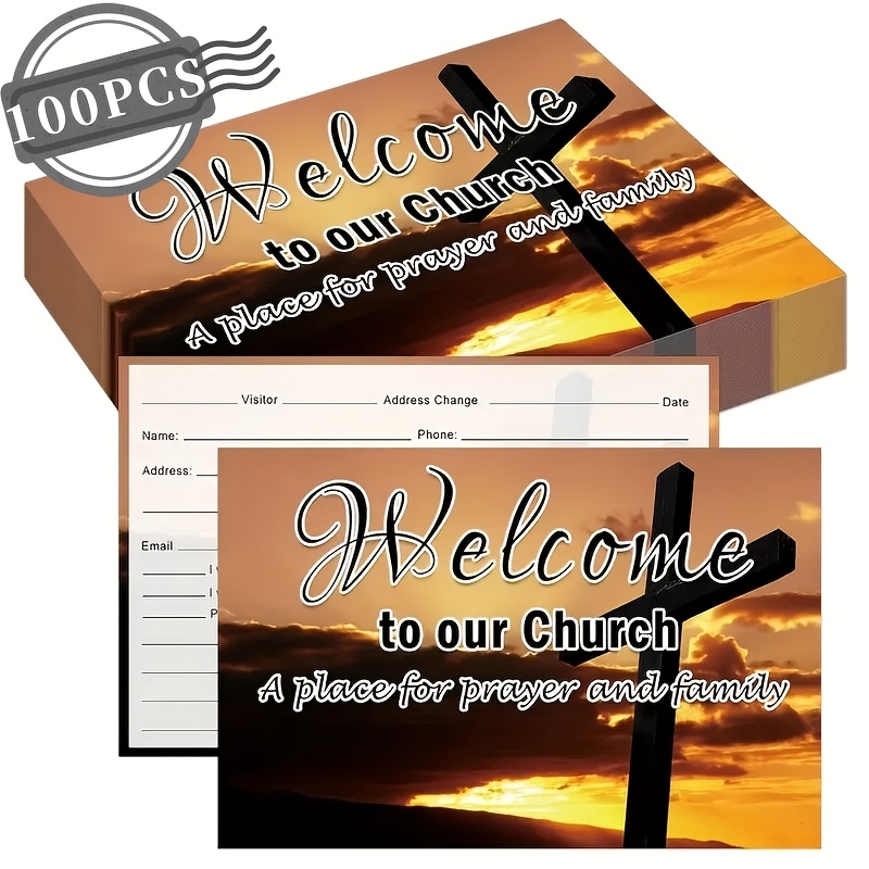 TEMU 100pcs 3x5" Church Welcome Visitor Cards - "welcome To Our Church, A For " Design With & Sunset, Personalized With Name, Address, Phone, Email ,
