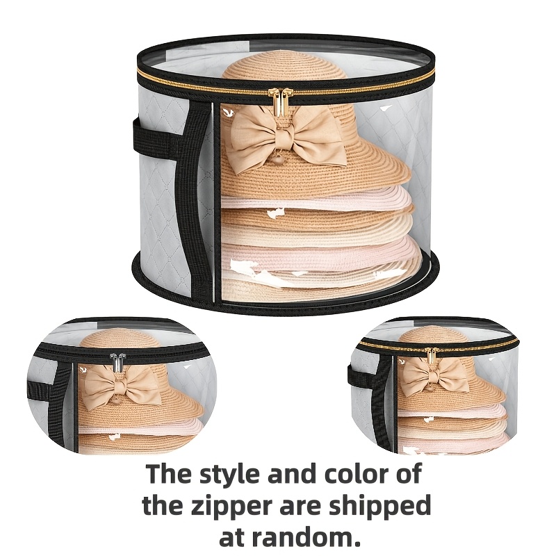 extra large hat storage box foldable non woven accessory organizer with reinforced handles suitable for hats sun hats and beach hats lightweight with dual zipper and transparent window design