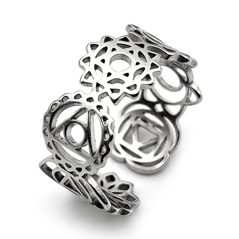 TEMU Bague ouverte tendance pour femme, style yoga, , fleur de ajourée et ajustable, en acier inoxydable doré et argenté, un bijou amulette idéal