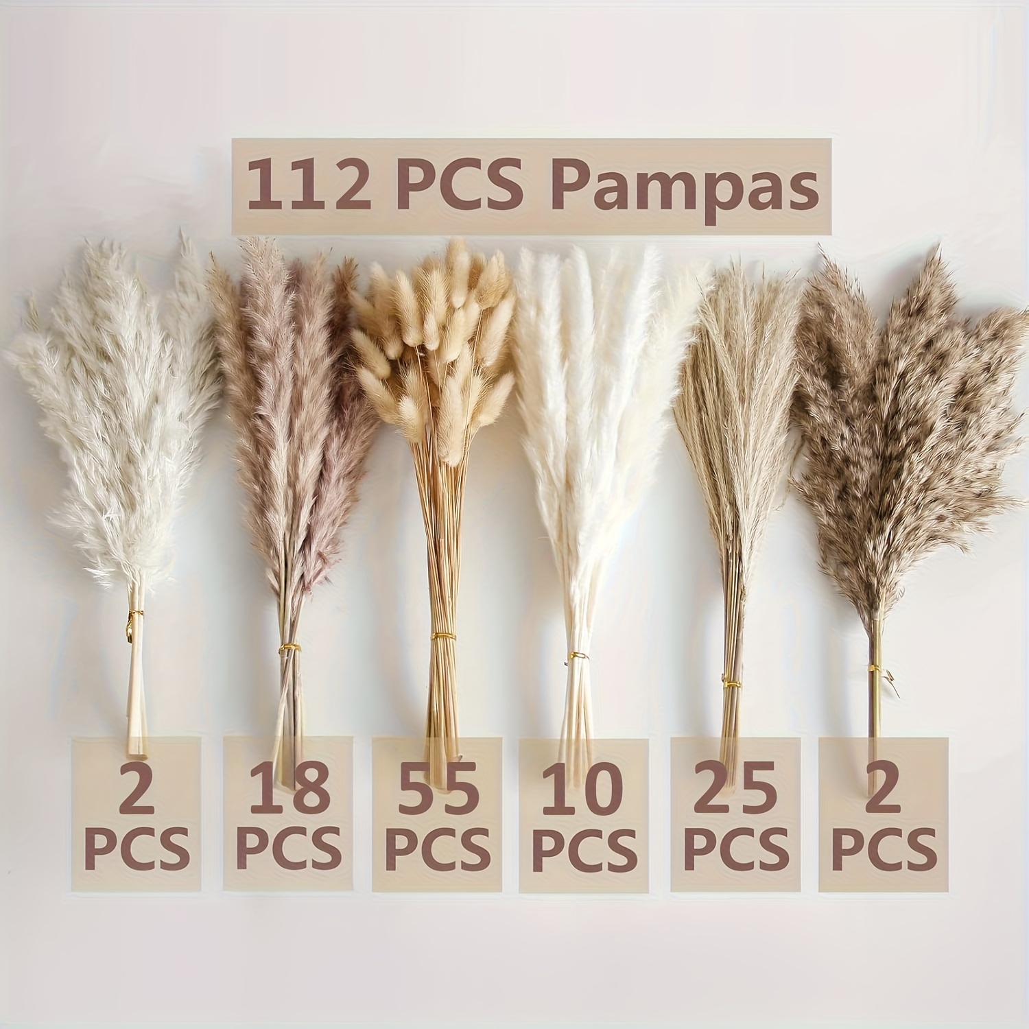 Image of 112p Dried Flower Bouquet - Pampas Grass, Floral Decor For Home, Wedding, And Boho Style | Perfect For Vases, Fall, Spring, Summer, And Winter Arrangements