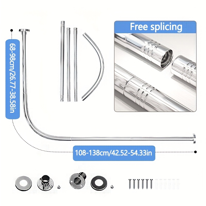 Image of Adjustable L-shaped Shower Curtain Rod, 90-degree Stainless Steel (68cm - 98cm X 192cm - 222cm), Suitable For Bathrooms, Bathtubs, And Dressing Rooms – Perfect For Privacy
