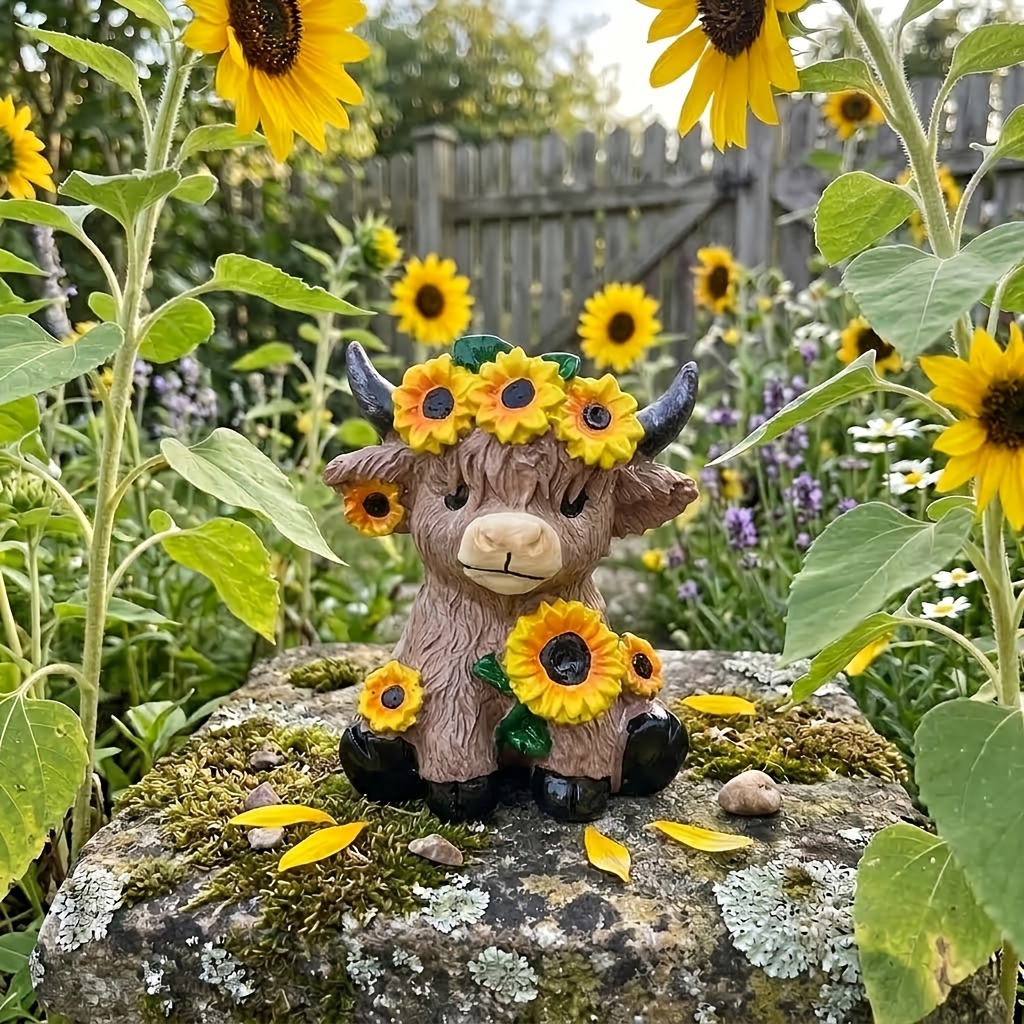 TEMU Cute Highland Cow Shaped Succulent Planter, Resin Mini Animal Pot, With Sunflower Pattern, Decorative Small Flower Pot, With Drainage Holes,